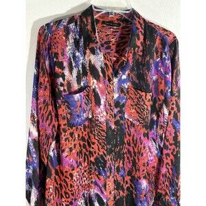 Violet & Claire Womens Large Violet Pink Orange Leopard Animal Collar Button Top